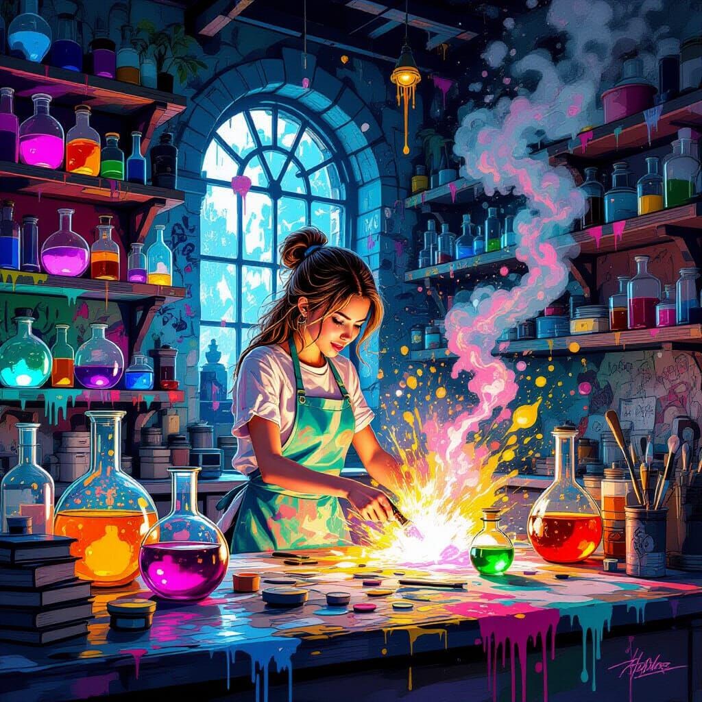 Magical Lab Explosion with Graffiti Art Style