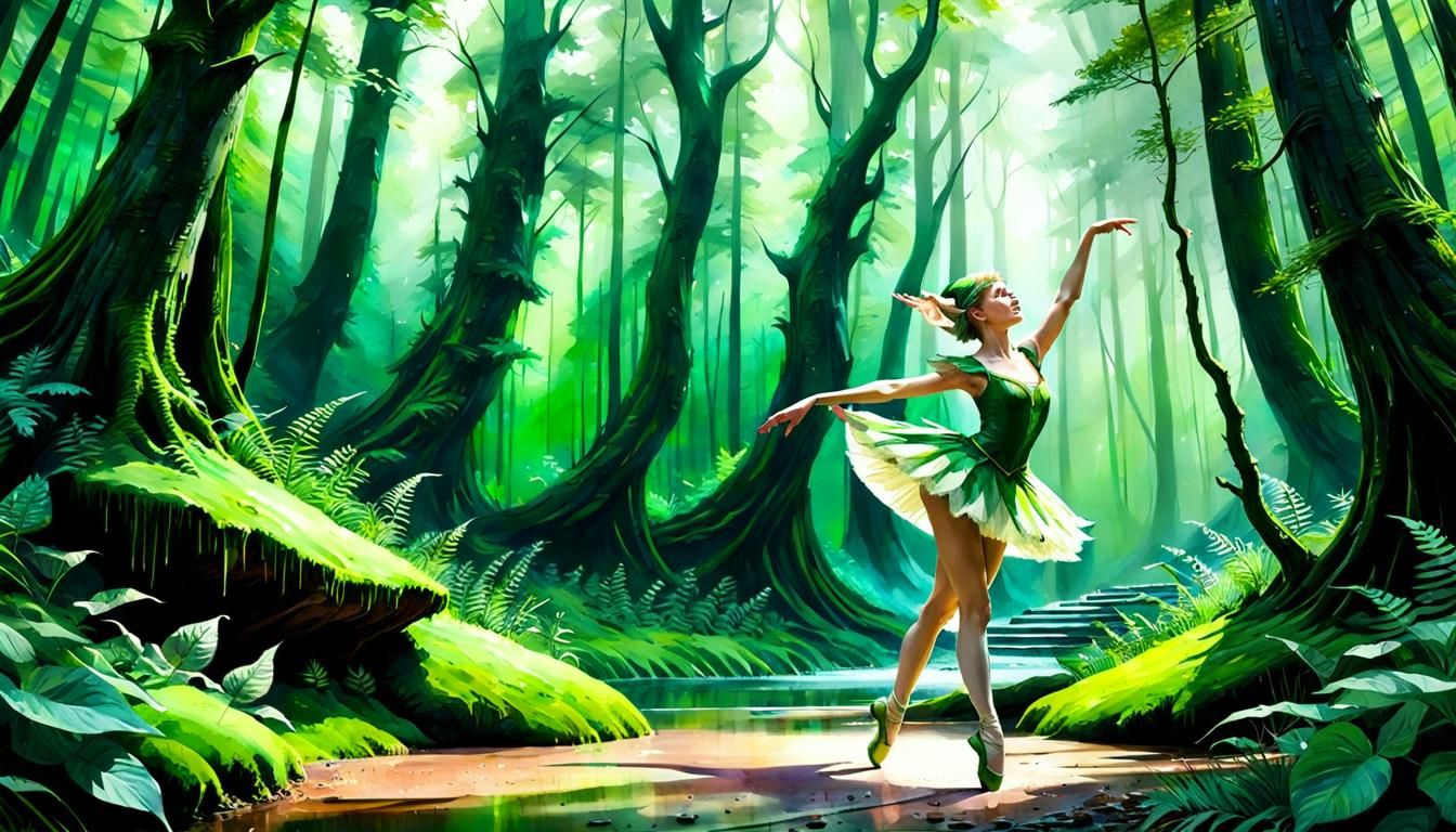 Elf Ballerina in Magic Forest, Watercolour Art