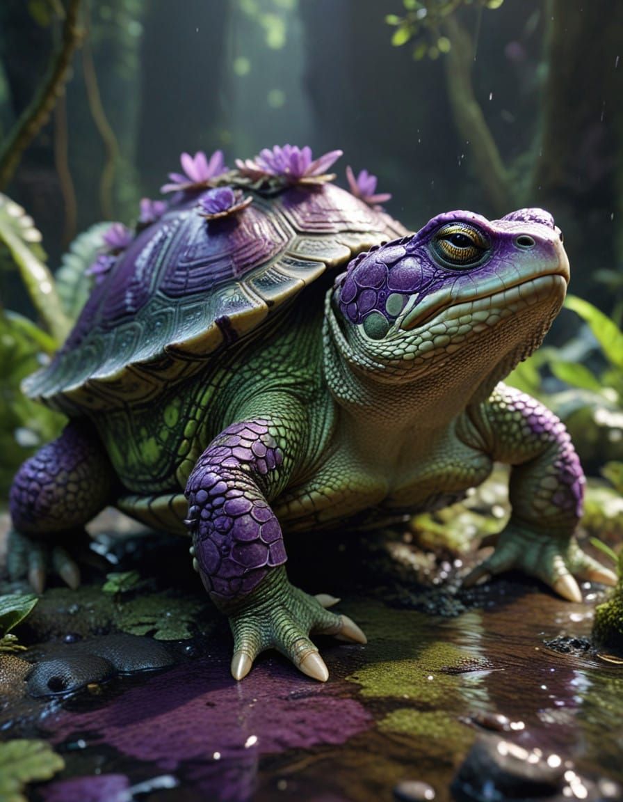 Fantastical Turtle-Crocodile Hybrid in Deep, Vibrant Colors