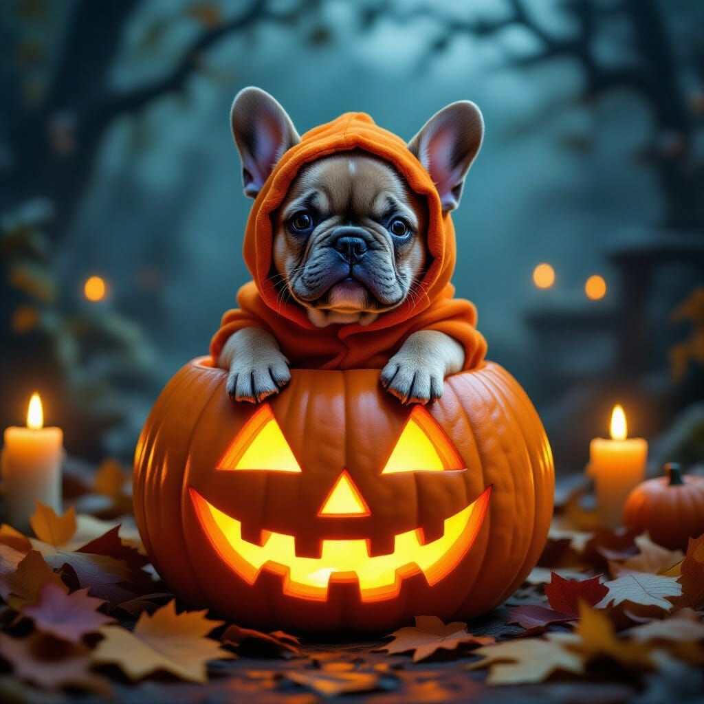 Cute French Bulldog in Pumpkin Costume on Halloween