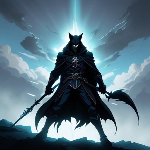 Humanoid Wolf Hero in Black Cloak and Spear