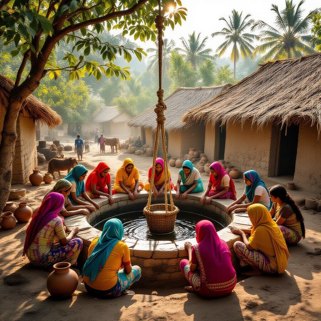 Villagers at Ancient Well: High-Contrast Photography