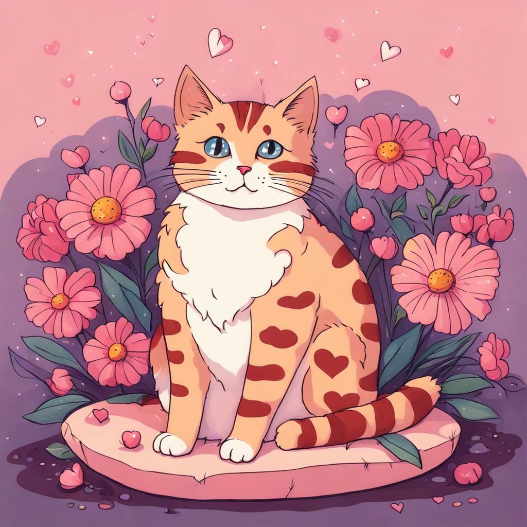 Cute Cat with Flowers and Heart Lights