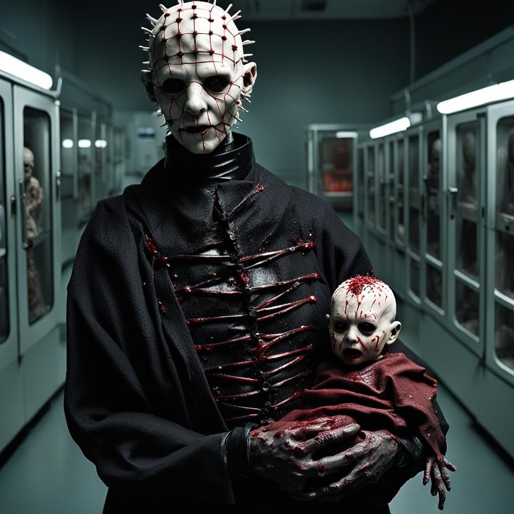 Creepy Newborn Pinhead in Dark Nursery Scene