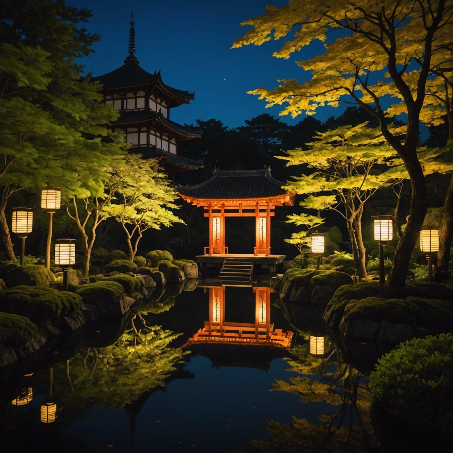 Chinese Lanterns Glow in Japanese Garden at Night