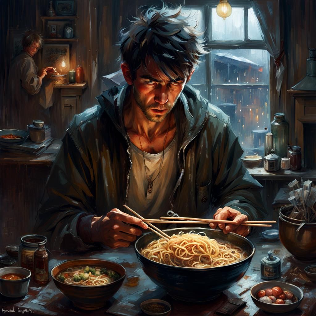 Ramen Eater in Rainy Apartment: Dark Academia Poster Art