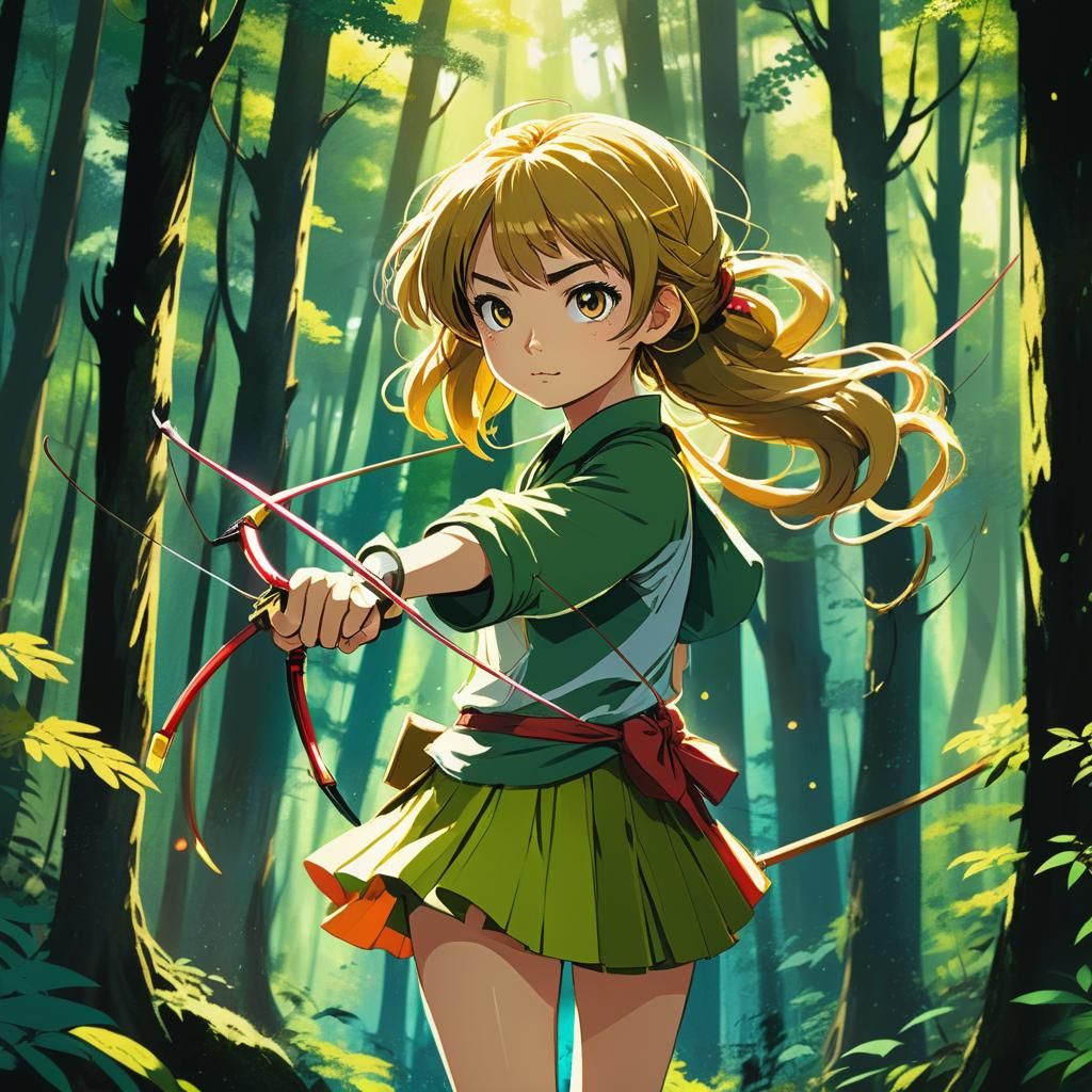 Manga Bow Girl in Dappled Forest Light