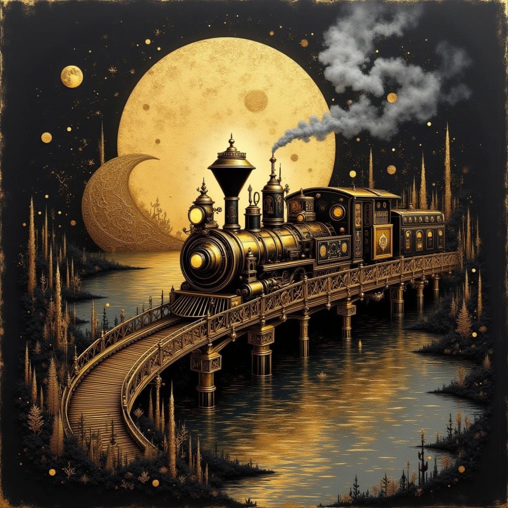 Steampunk Locomotive on Bridge in Gold and Jewel Tones