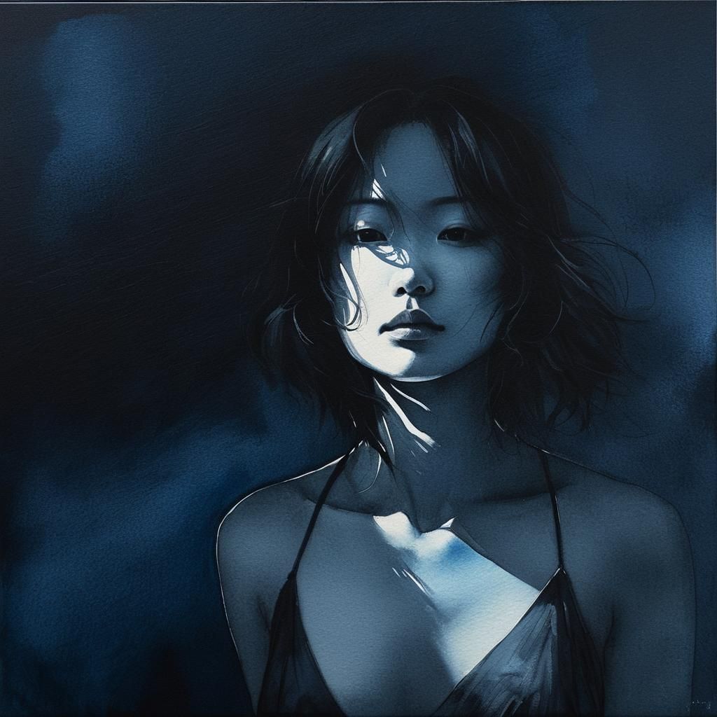 Woman in Dramatic Silhouette, in Japanese Watercolor Style