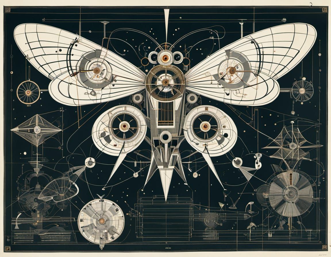 Clockwork Moth Machine Schematic in Surrealist Style