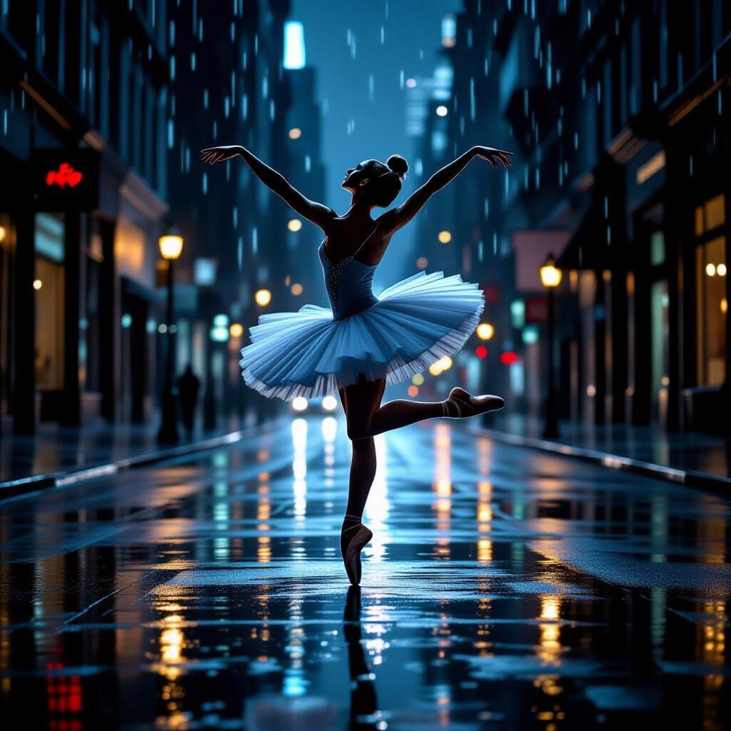 Ballet Dancer Mid-Leap on Rainy City Street