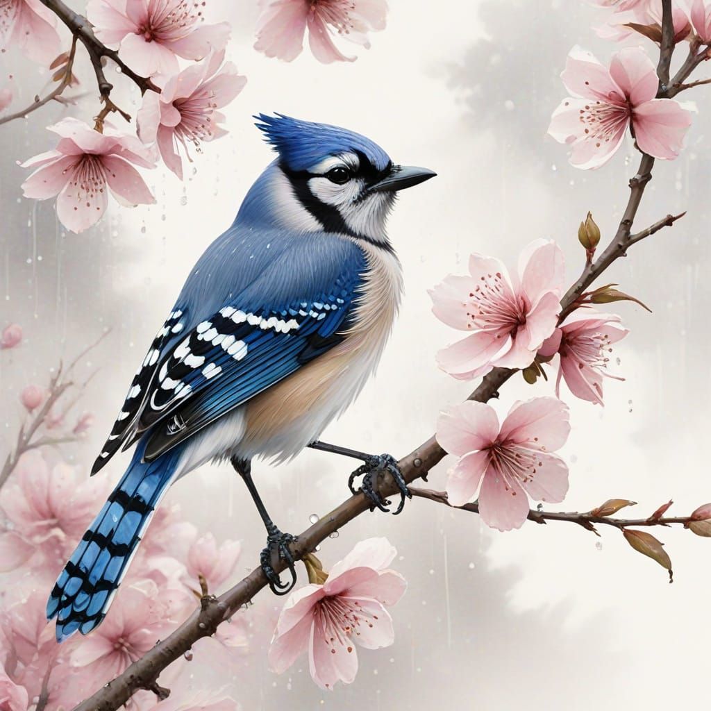 Bluejay in Rainy Blossom Tree Scene, Japanese Ink Wash Style...