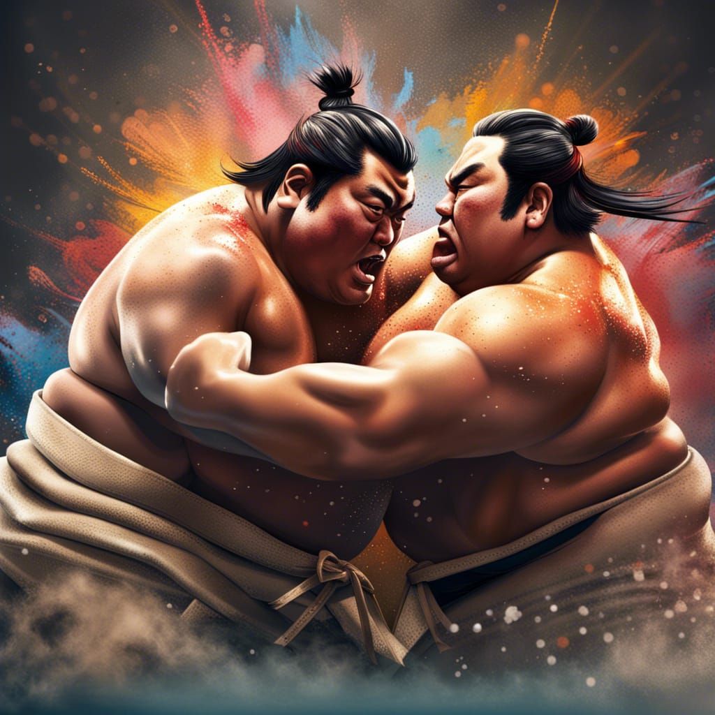 Intricately Detailed Sumo Wrestlers in Splash Art Style