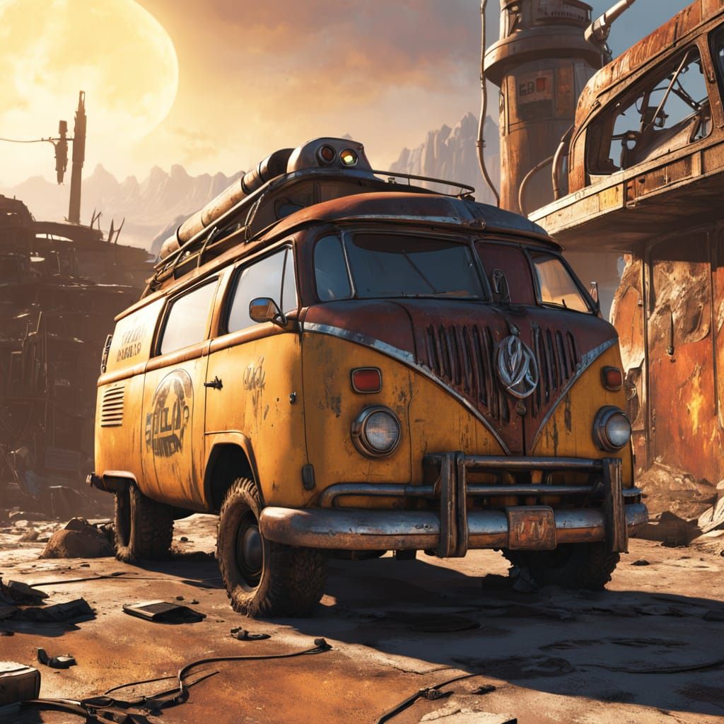 Retro-Futuristic Wasteland Scene in Golden Hour