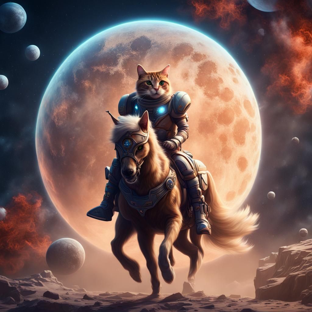 Astronaut Cat Riding Horse in Space, Digital Art