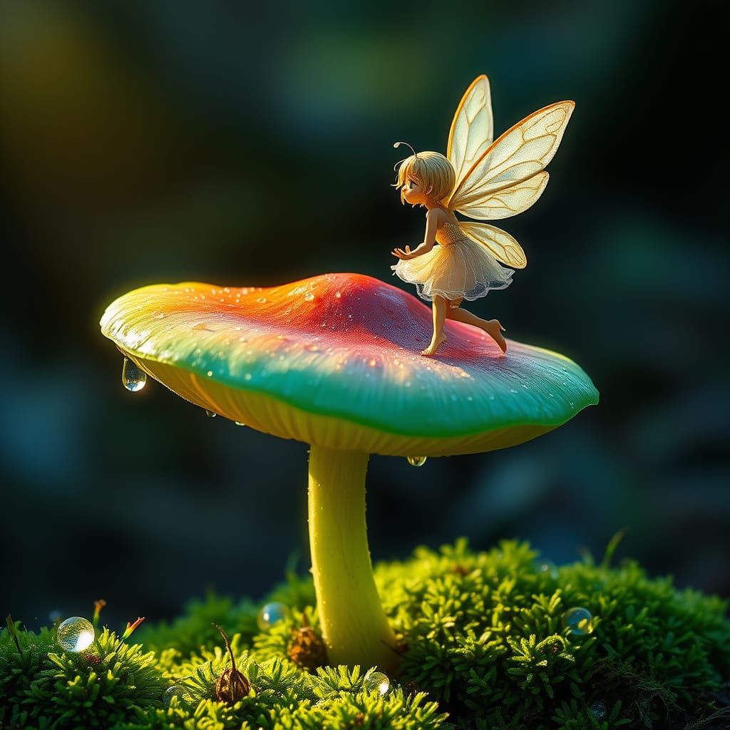 Whimsical Fairy Sits on Emerald Mushroom in Morning Dew