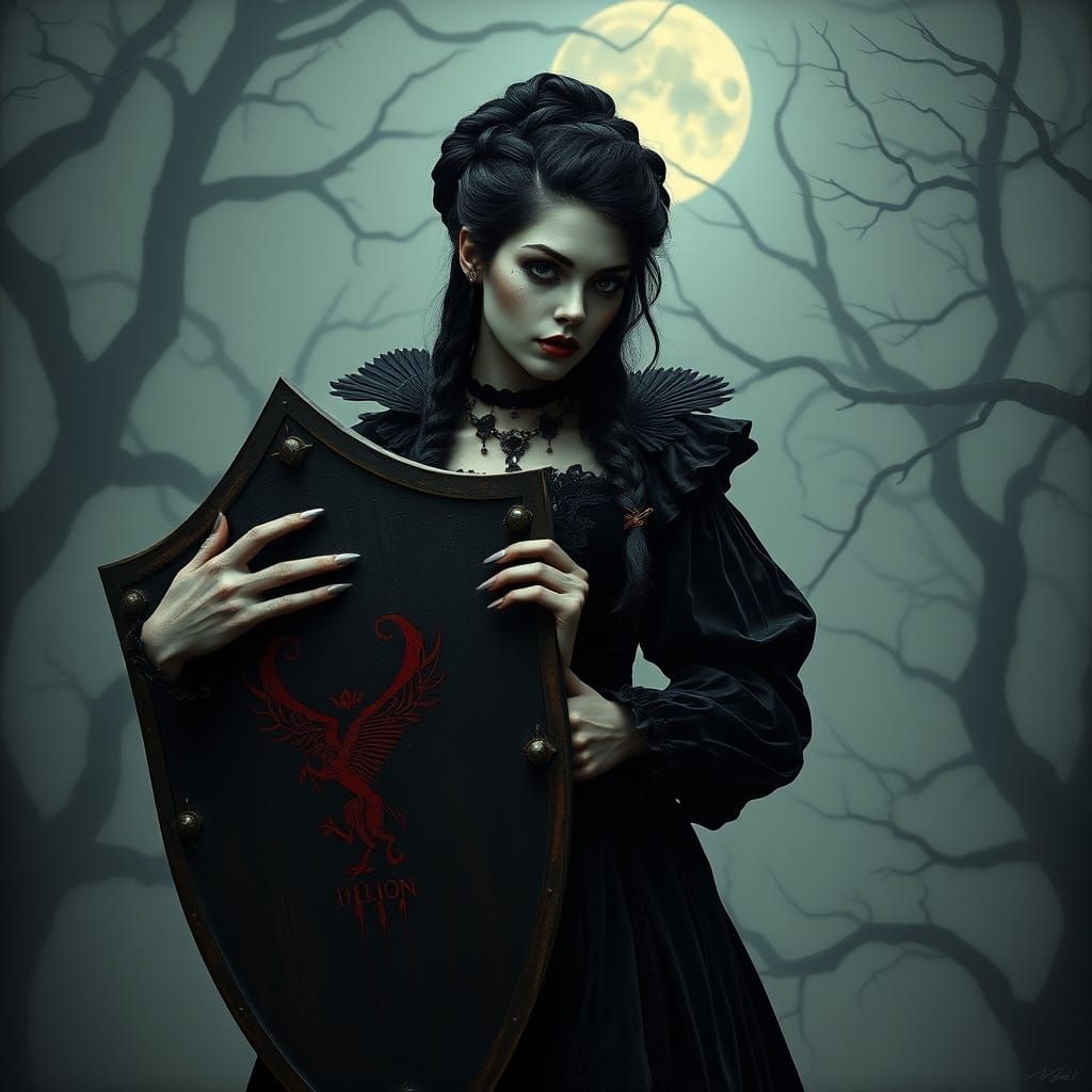 Victorian Vampire Girl with Shield in Silver Nitrate Style