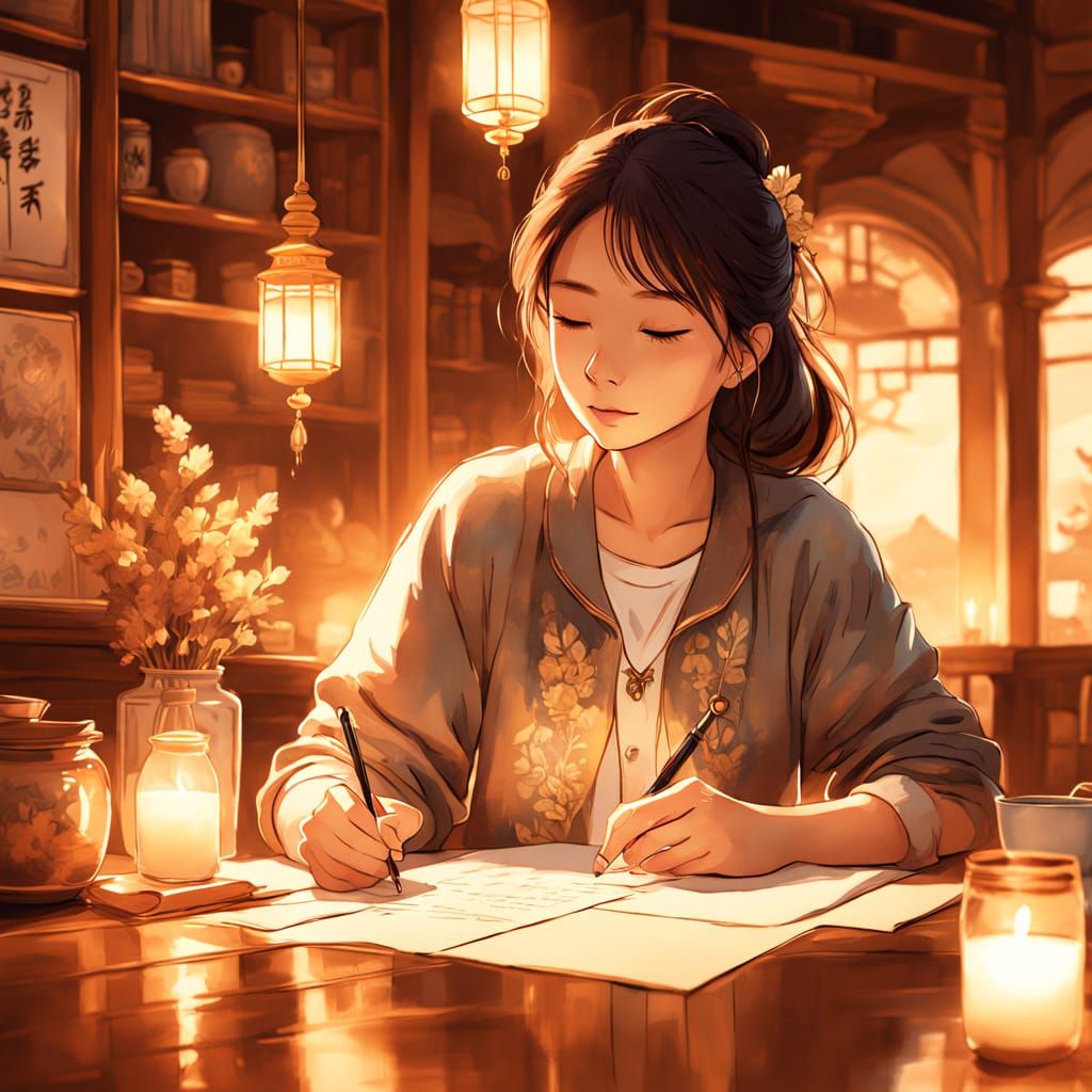 A Japanese Woman Writes a Letter to Her Grandson in a Cozy S...