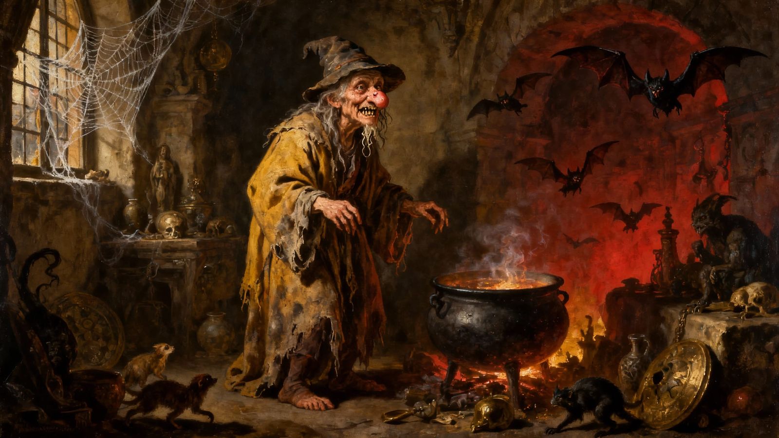 Baroque Painting of an Ugly Witch with Cauldron