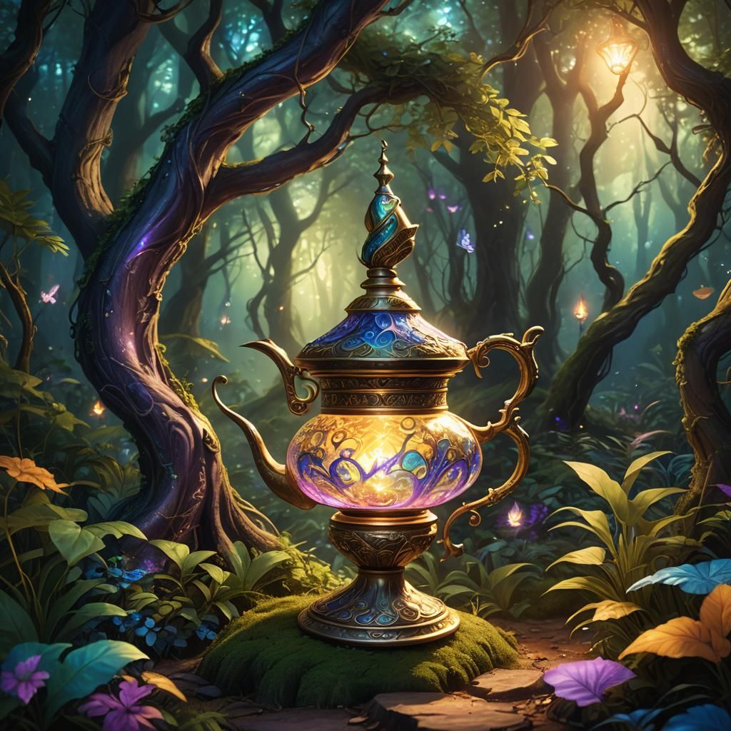 Magic Lamp Shines in Forest: Fantasy Concept Art