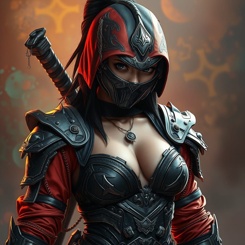Futuristic Ninja with Ornate Armor in Film Noir Aesthetic