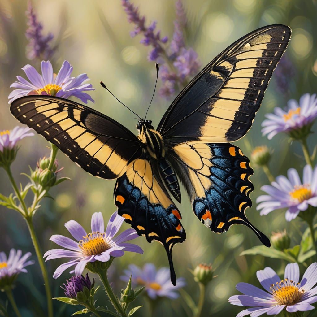 Whimsical Impressionist Butterfly Perched on a Delicate Purp...