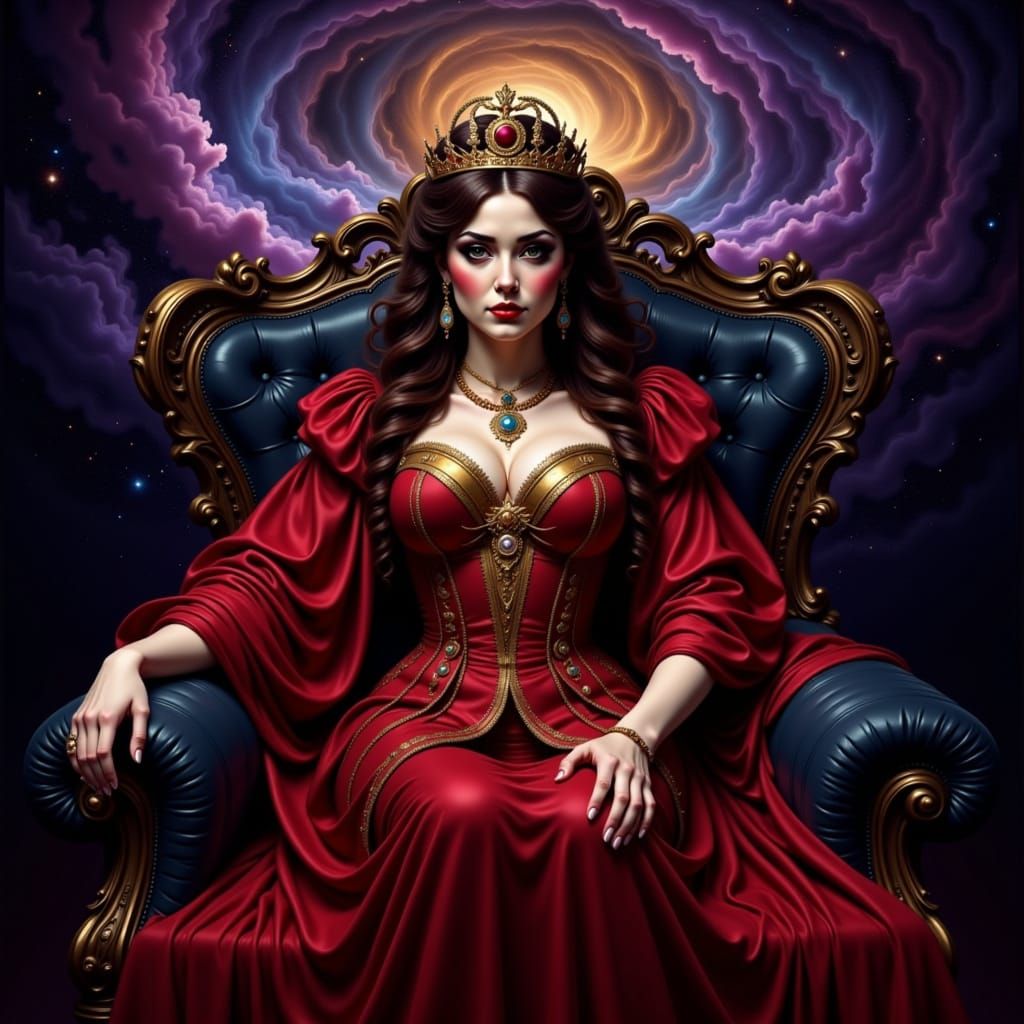 Regal Empress in Crimson and Gold Amidst Celestial Expanse