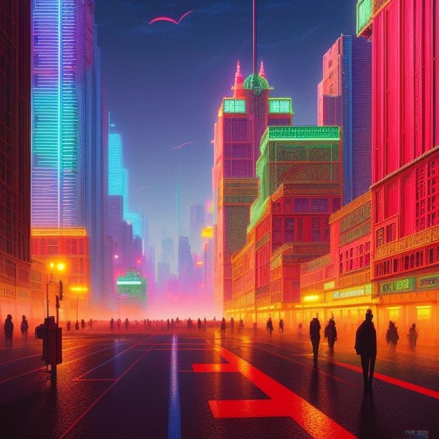 Vivid Neon Vaporwave City in Hyperrealistic Style