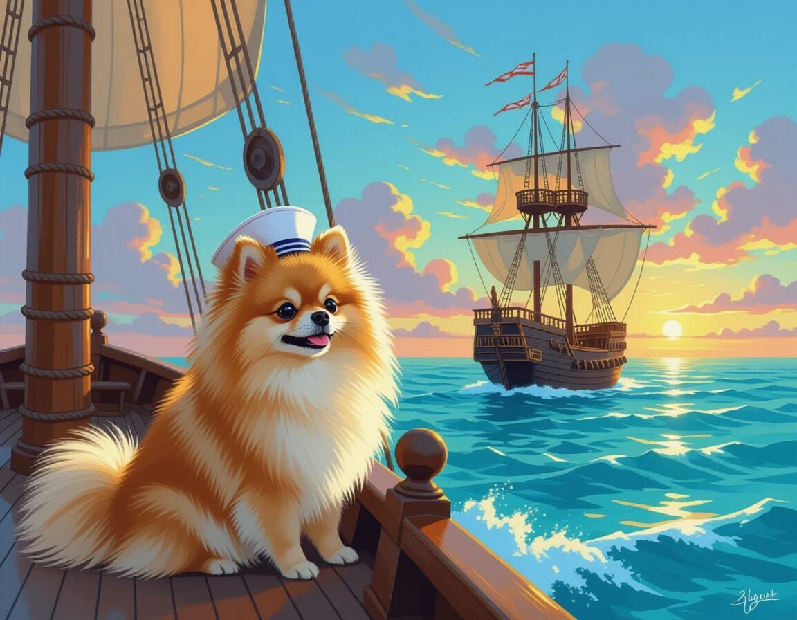 Pomeranian Sailor Dog on Galleon at Twilight