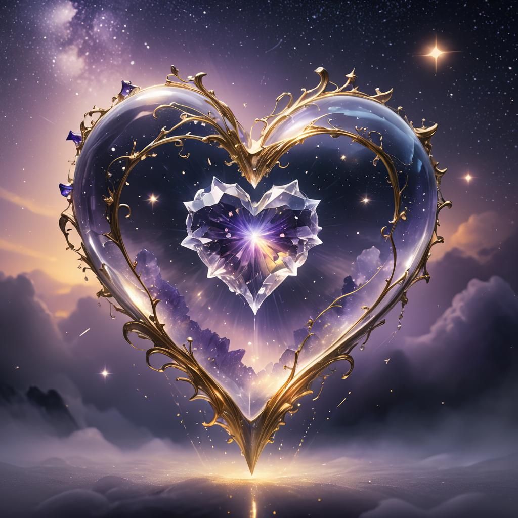 Glowing Crystal Heart in Ethereal Night Sky