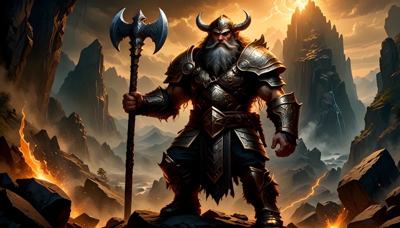 Majestic Dwarf God with Battle Axe in Fantasy Art Style