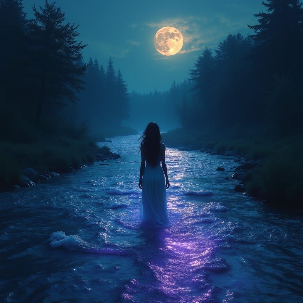 Moonlit Riverscape with Glowing Ripples in a Dreamlike Night...