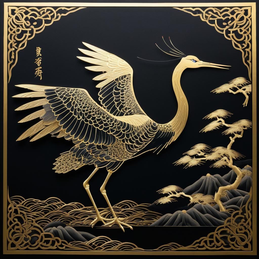 Dancing Crane Kakejiku Painting with Golden Accents