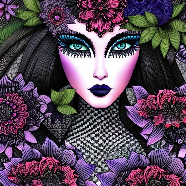 Gothic Pop Art Girl with Zentangle Flowers