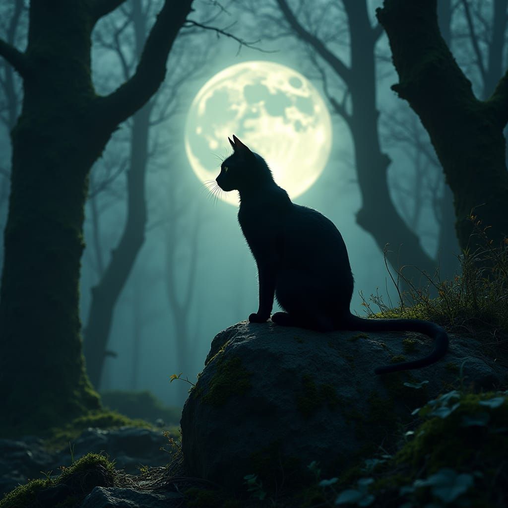Black Cat Silhouette Merges with Mystical Forest Under Moonl...