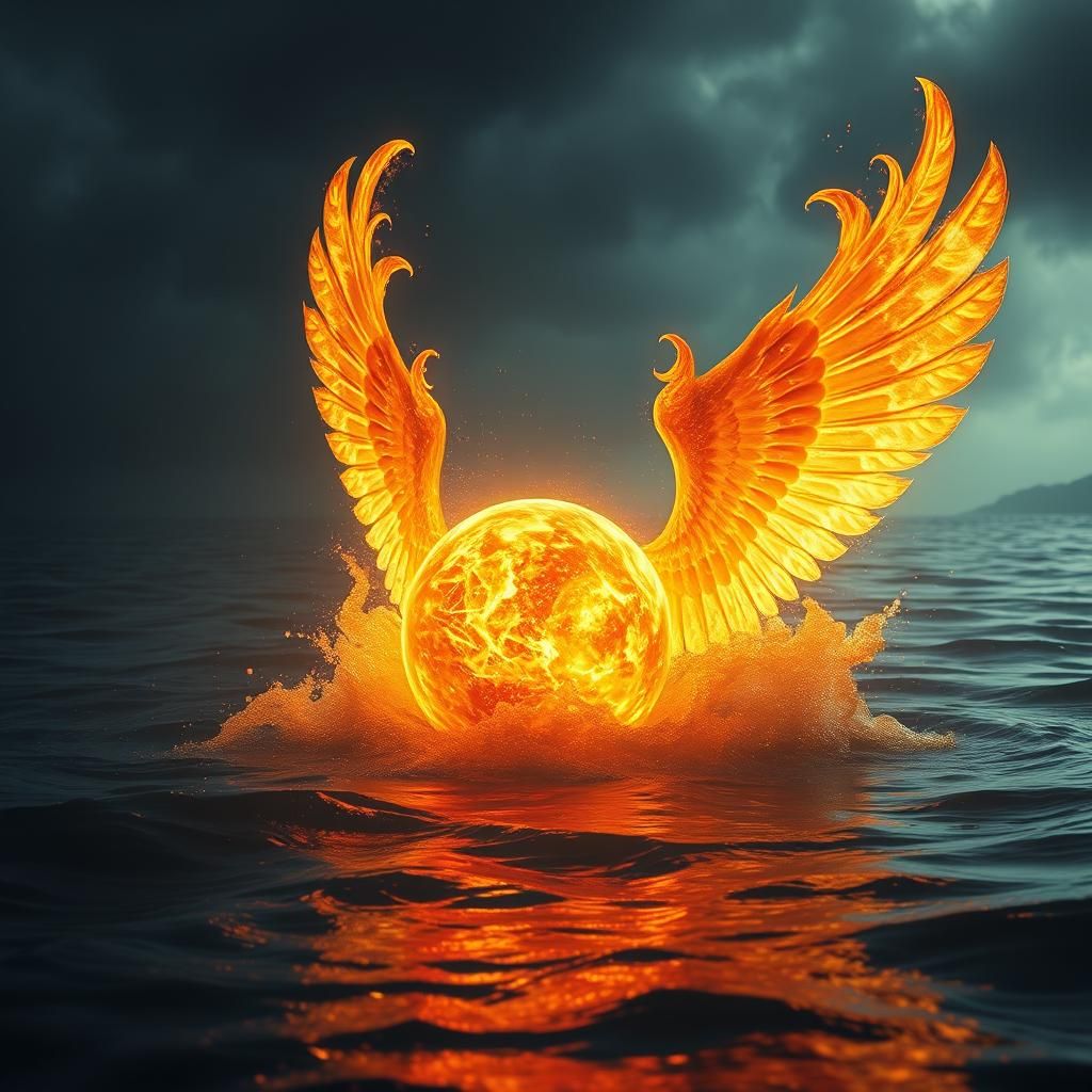 Fiery Golden Orb with Wings in Water
