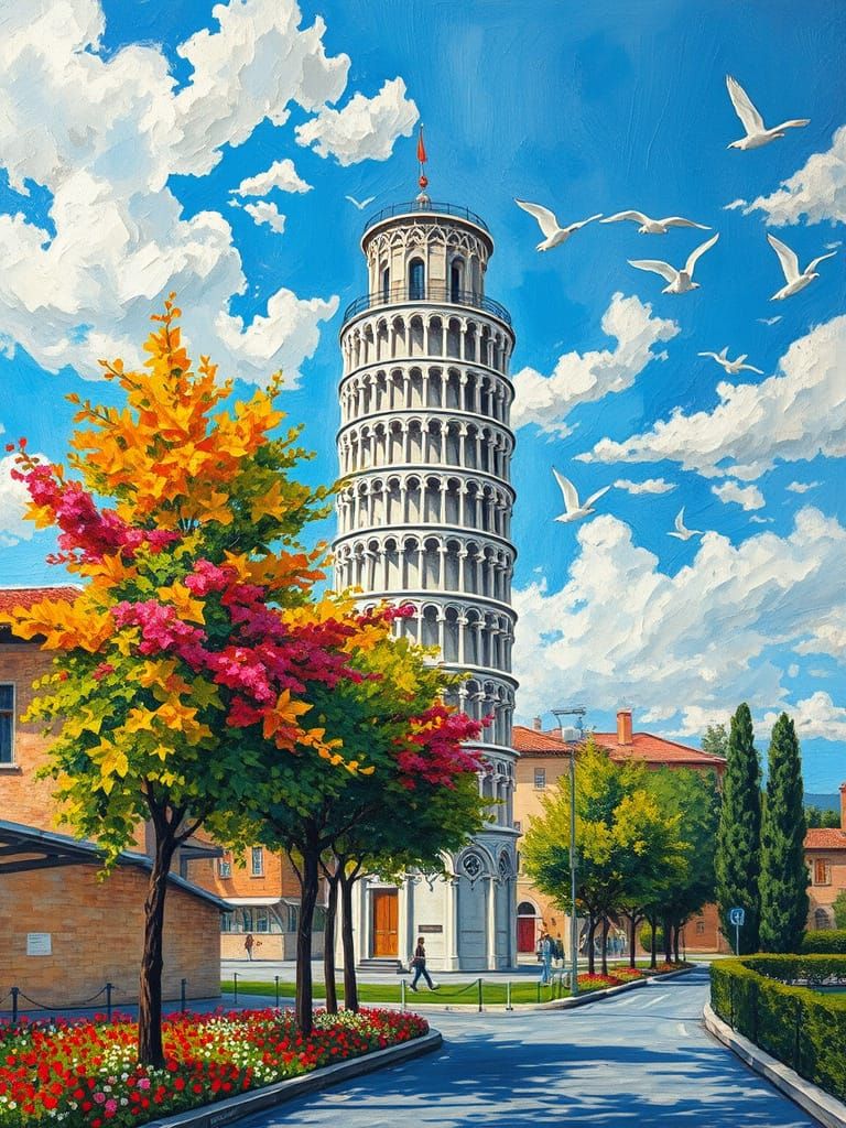 Vibrant Pisa City View in Expressionist Style