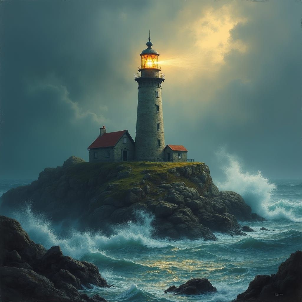 Lighthouse on Stormy Island in Romanticism Style
