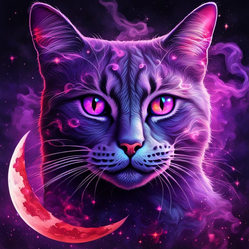 Purple Cat with Red Smoke, Holographic Illustration