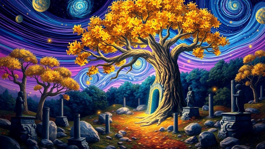 Surreal Dreamscape with Glowing Trees and Starlit Portal