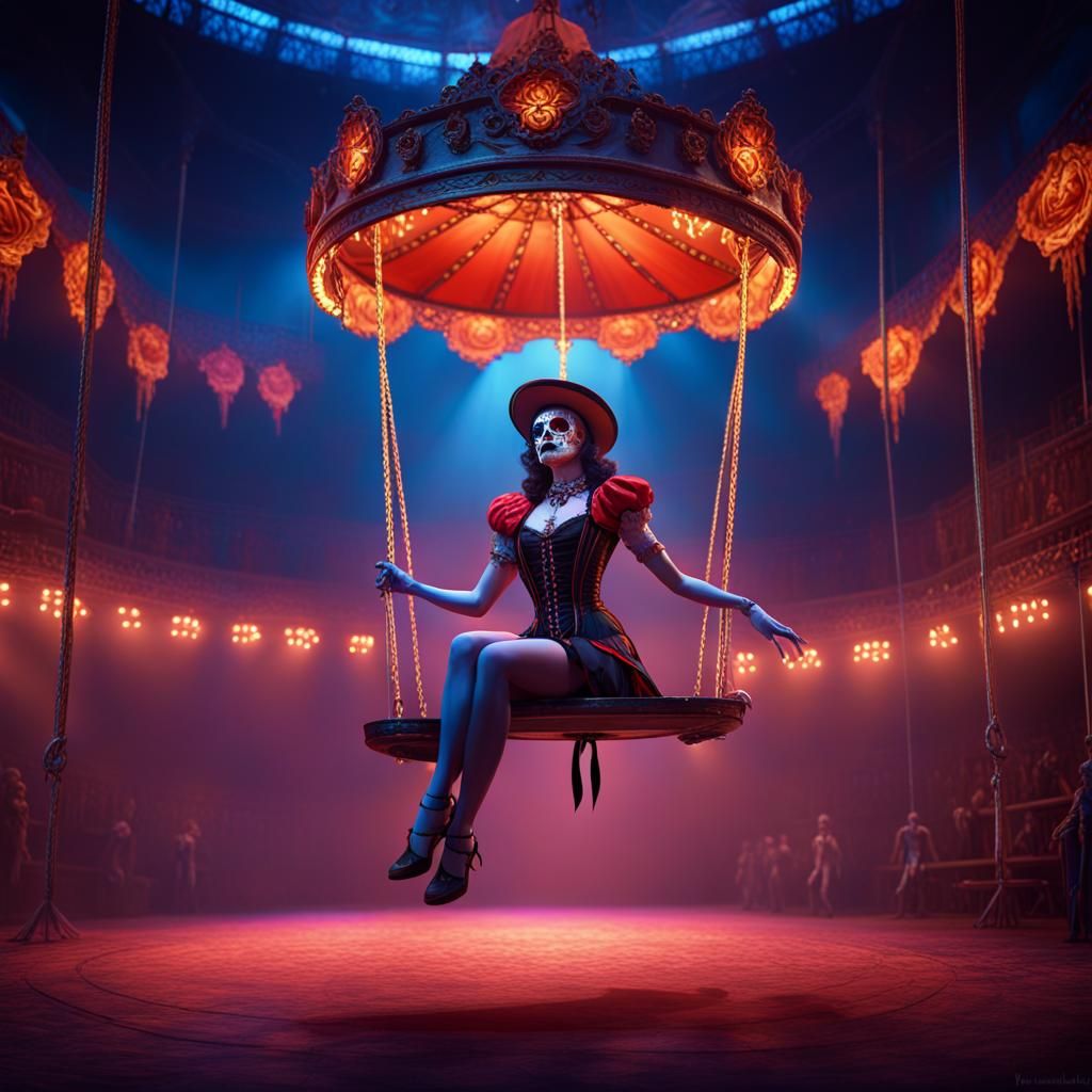 Day of the dead circus, trapeze artist.