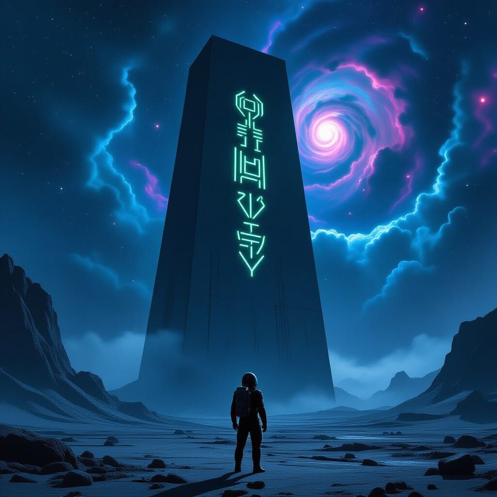 Astronaut and Brutalist Monolith on Alien Planet