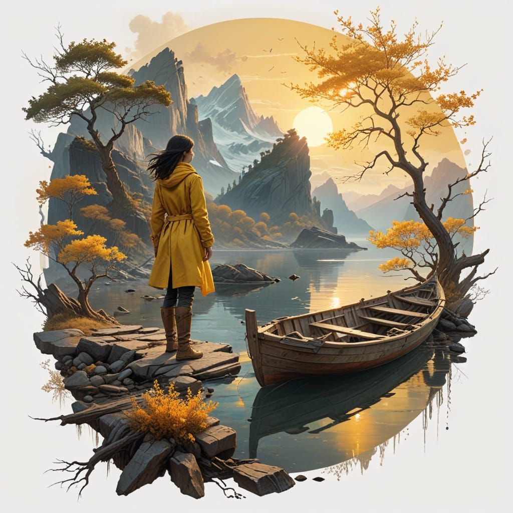 Figure in Yellow Coat at Sunrise on Rugged Shoreline