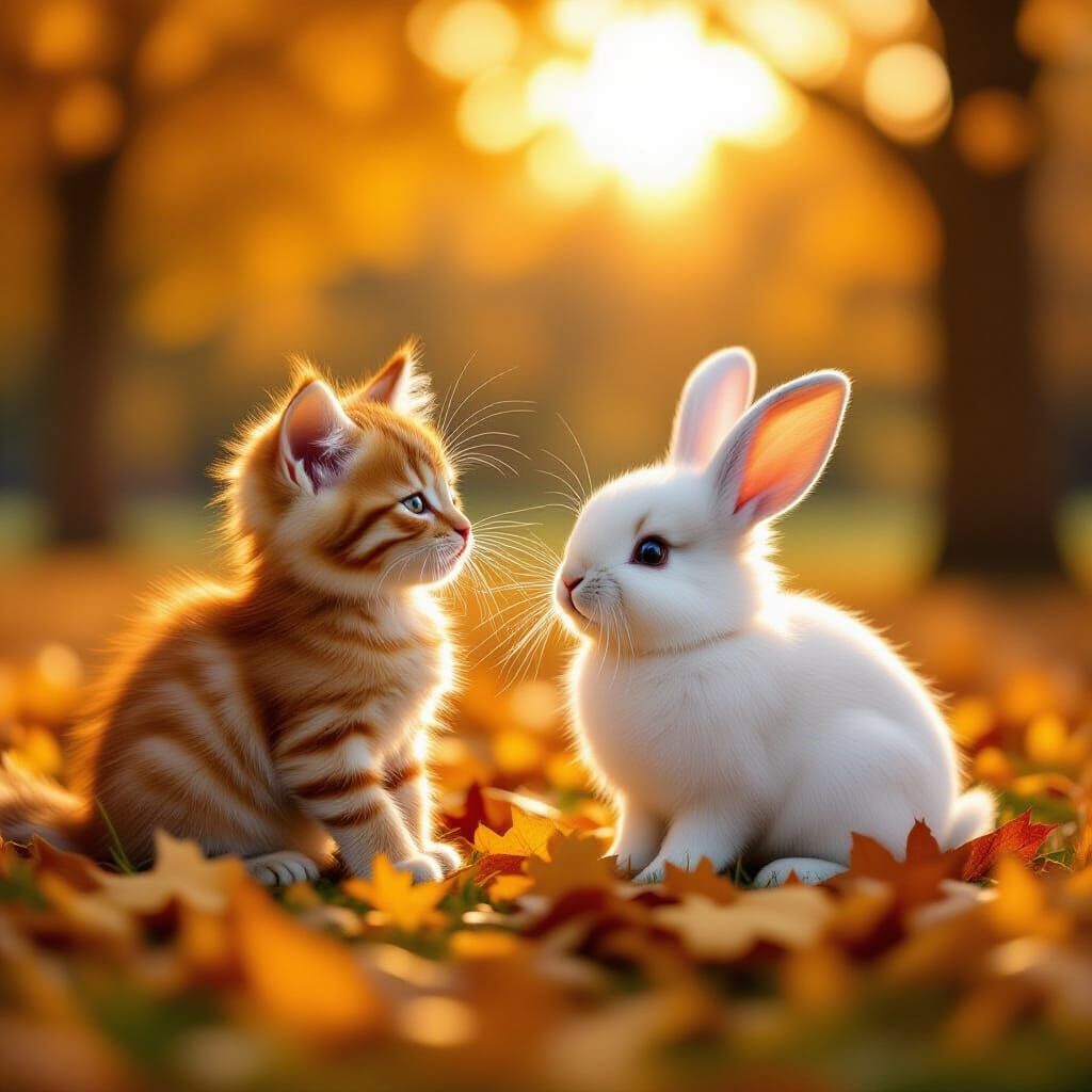 Kitten and Rabbit Play in Golden Hour Autumn Park