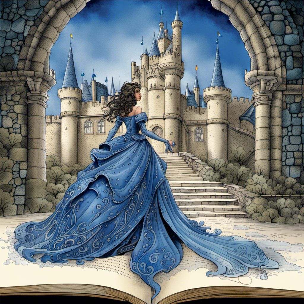 Blue Cinderella at the Castle: Art Nouveau Illustration