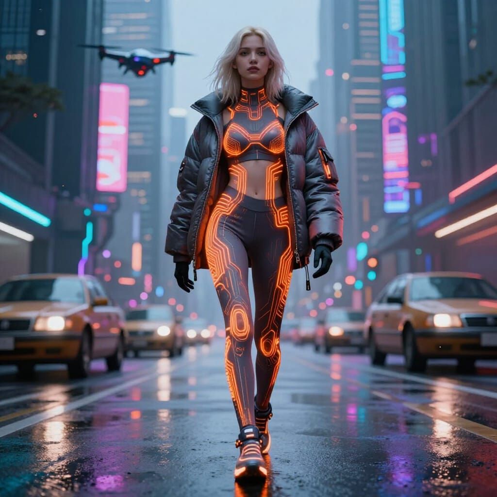 Cyberpunk City Woman Walks in Neon Rain