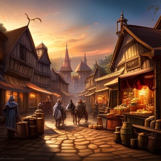 Medieval Market with Knights and Street Vendors