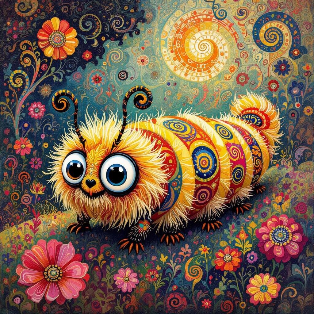 Psychedelic Caterpillar Navigates Klimt-Inspired Landscape