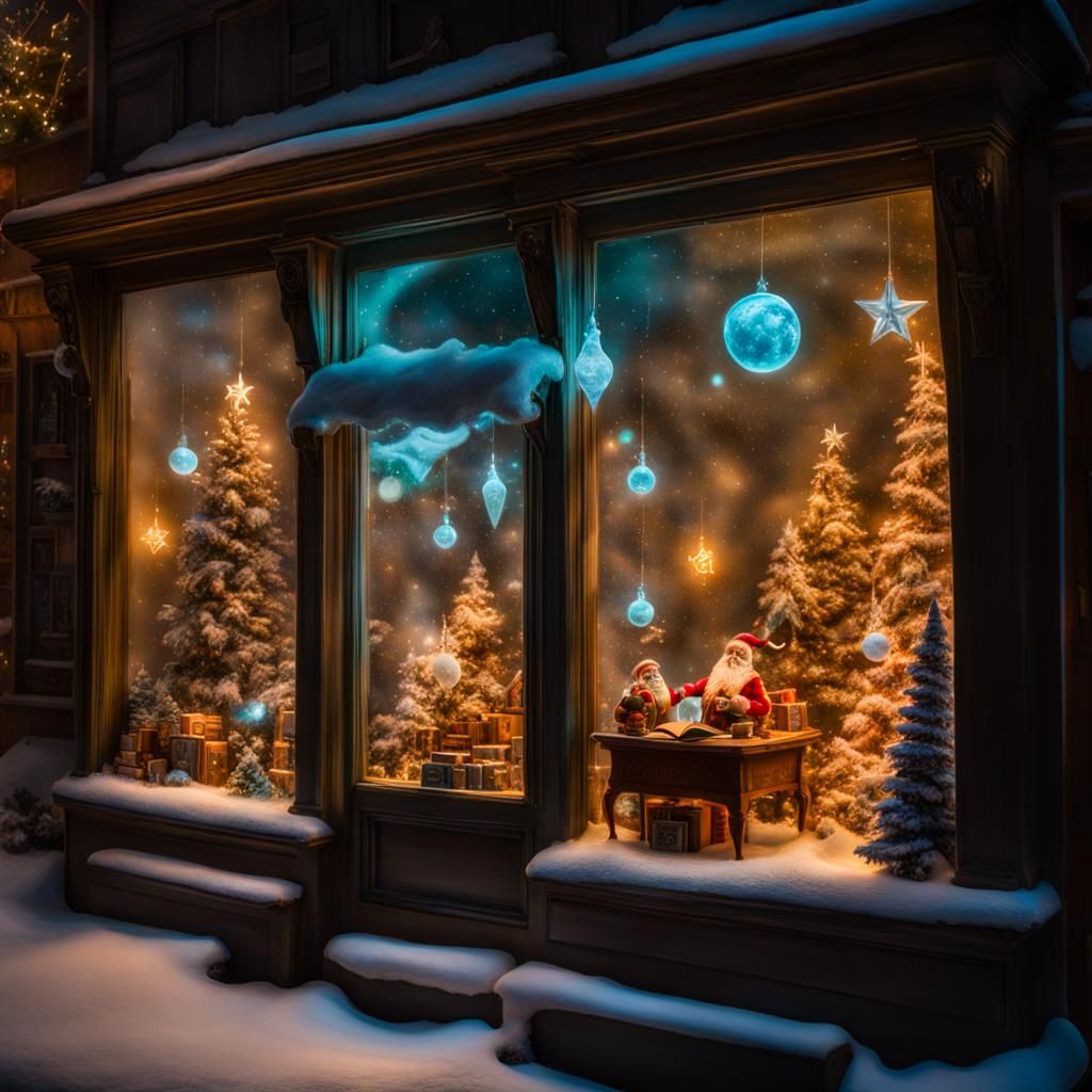 Pixar-Style Bioluminescent Christmas Toy Shop Display