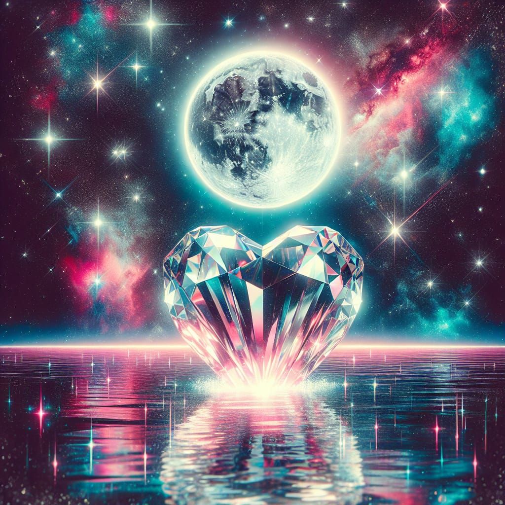 Crystal Heart Under Moon in Synthwave Style